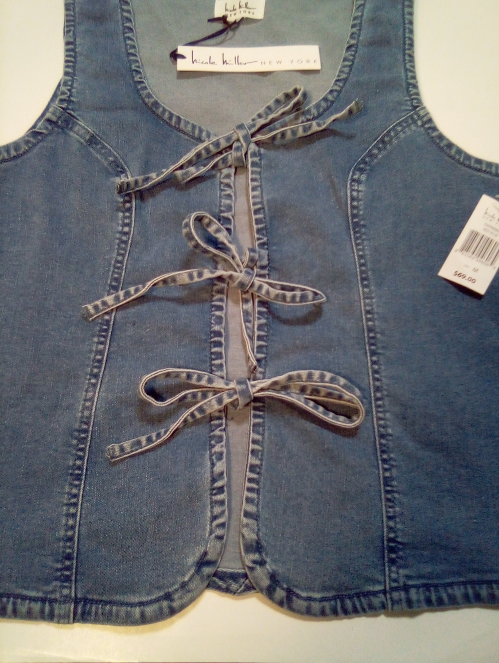 Nicole Miller New York Medium Denim Vest Tie Front Sleeveless Top Medium Blue - Picture 7 of 10